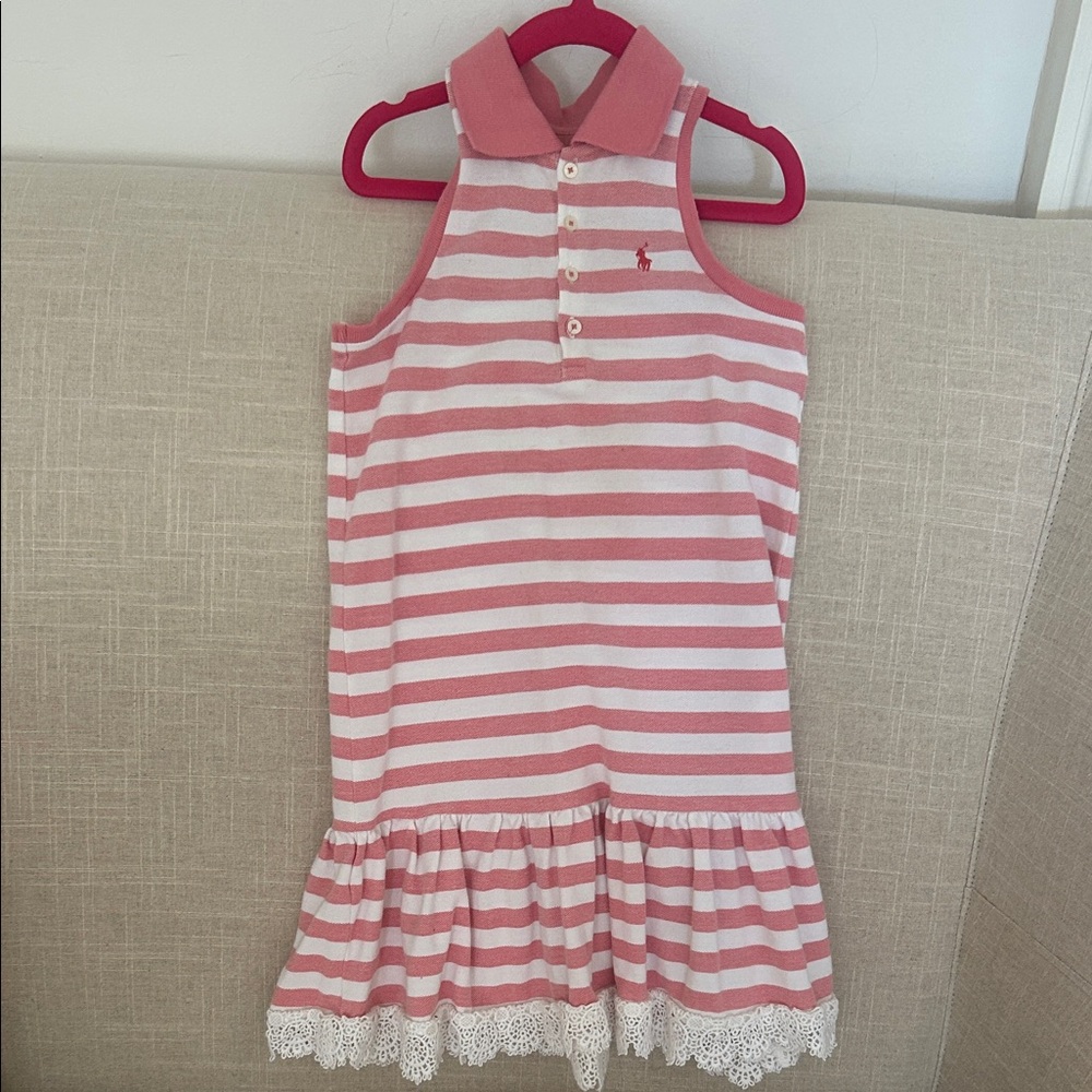 Ralph Lauren Pink and White Striped Sleeveless Polo Dress with Ruffle Hem